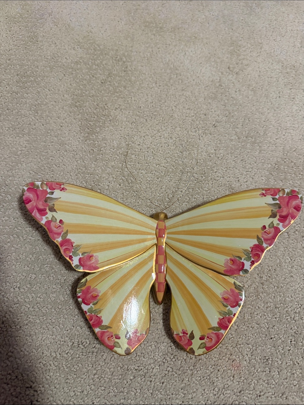 MacKenzie-Childs Yellow Striped Butterfly with Pink Floral Trim